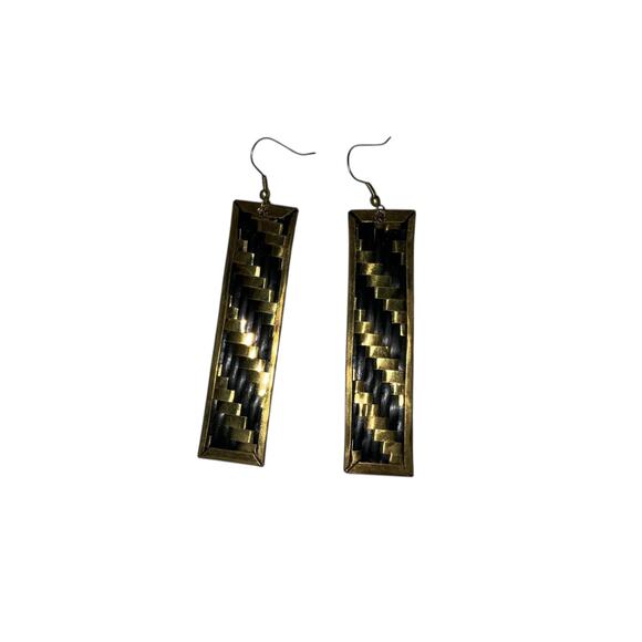 Iris Apfel & Bajalia Black Gold Woven Rectangle Drop Earrings Statement Boho - Picture 1 of 5